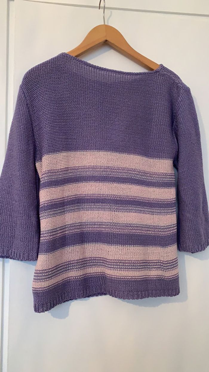 Pull tricot demi saison mauve et rose manches 3/4 - photo numéro 2