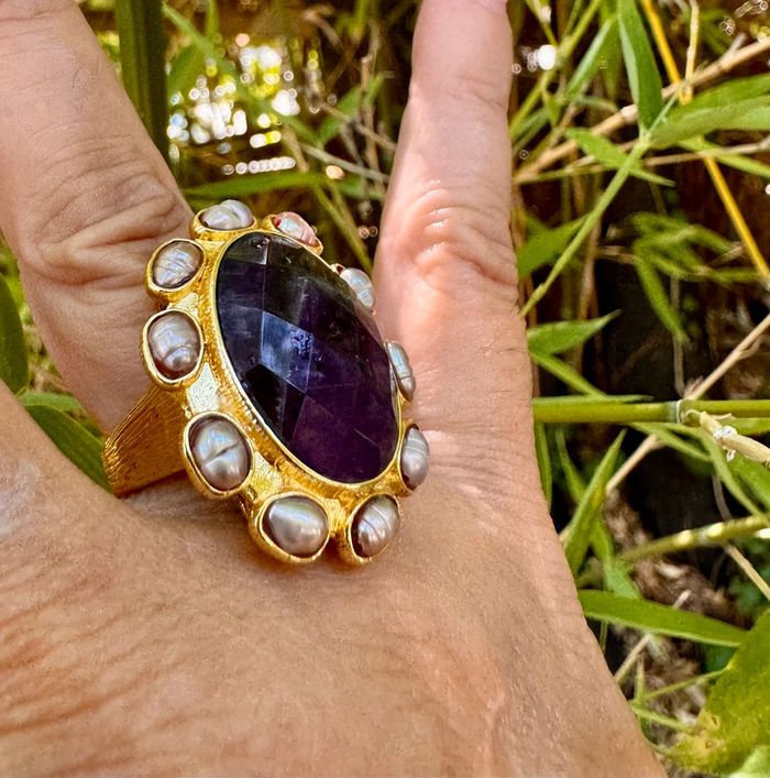 Grosse bague habaha Paris réglable acier inoxydable or grosse améthyste perles d’eaux douces - photo numéro 2