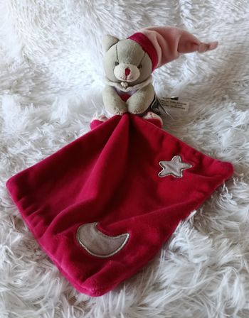 Doudou peluche ours gris et mauve avec mouchoir fushia avec étoile et lune luminescent - Baby Nat 