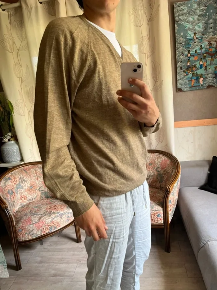 Pull sweat col V laine oversize vintage old money chic golf - photo numéro 3