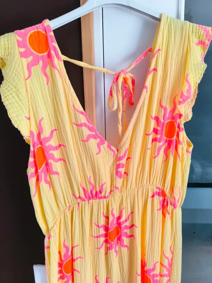 Robe longue été jaune et rose gaz de coton imprimé soleil TU 36 à 42 - photo numéro 15