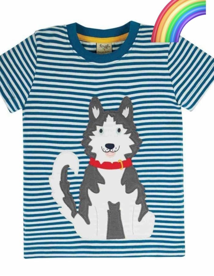 Tee-shirt de la marque Frugi modèle Sid Applique T-shirt coloris Loch Blue Stripe/Husky taille 6/7 ans Neuf - photo numéro 2