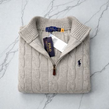 Half zip Ralph Lauren gris 1/4 col camionneur torsadé logo brodé noir taille L