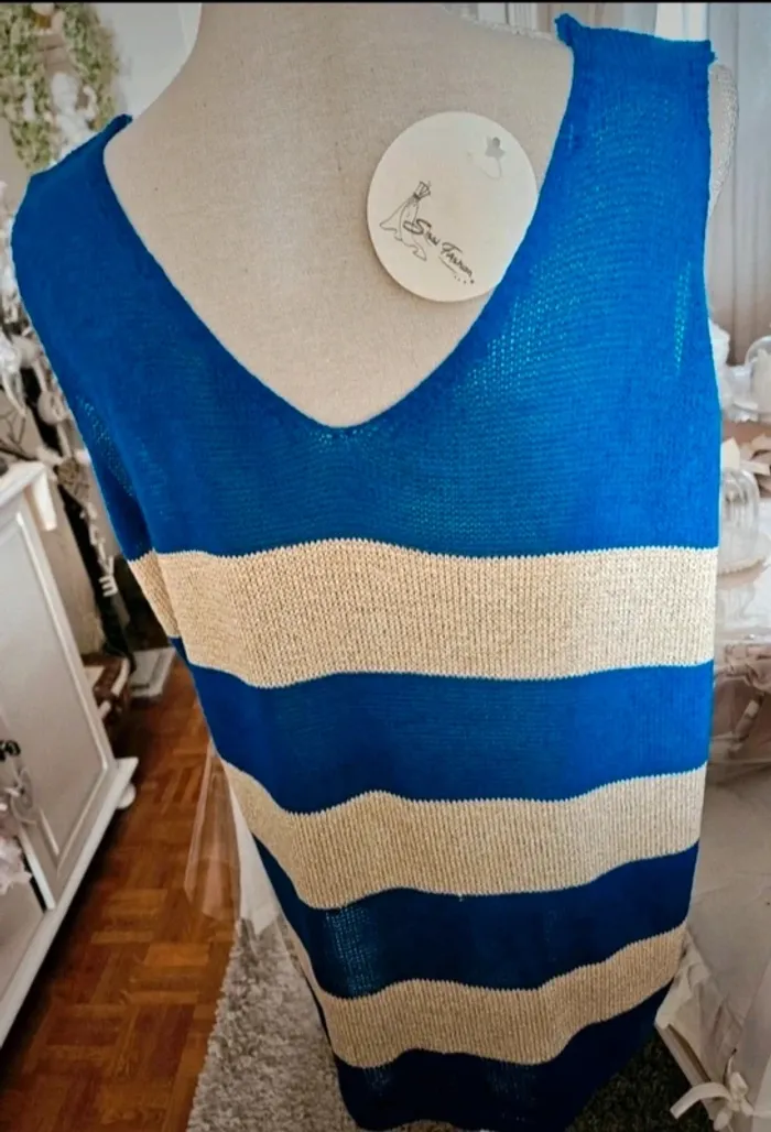 Haut sans manches bleu/beige doré style pull fin Sisi Fashion Taille L/XL Neuf - photo numéro 4