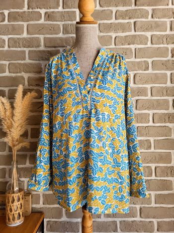 Blouse imprimée feuillage jaune moutarde et bleu clair - rétro champêtre