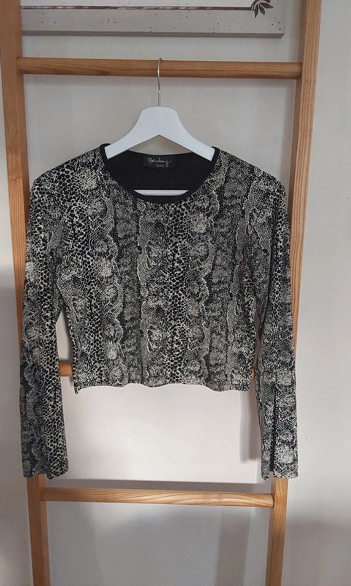 Haut court top croc crop reptile noir beige T 36 - photo numéro 3