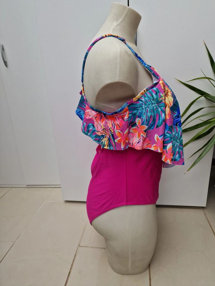 Maillot De Bain Une Piece Fuchsia Volants Imprimé Fleurs Hibiscus - photo numéro 8