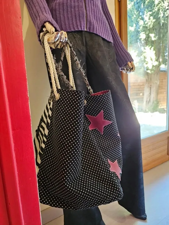 Sac cabas unique fait main – Patchwork denim, zèbre & pois – Style vintage original - photo numéro 3