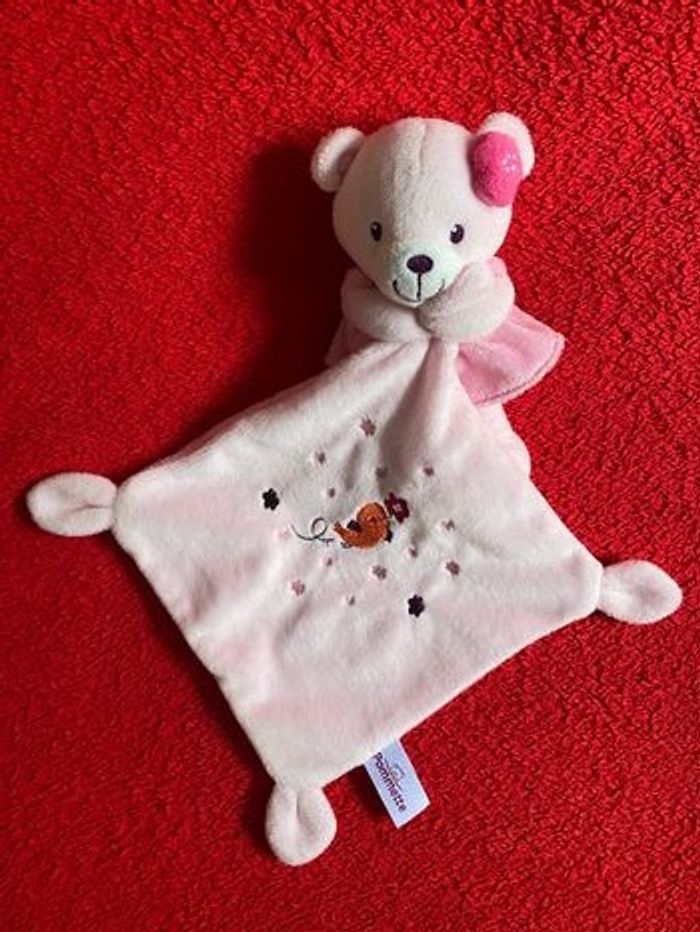 Pommette doudou ours rose robe Noeud mouchoir brodé oiseau neuf - photo numéro 5