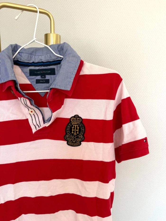 Polo t-shirt rouge blanc rayé Tommy Hilfiger Slim fit homme M - photo numéro 2