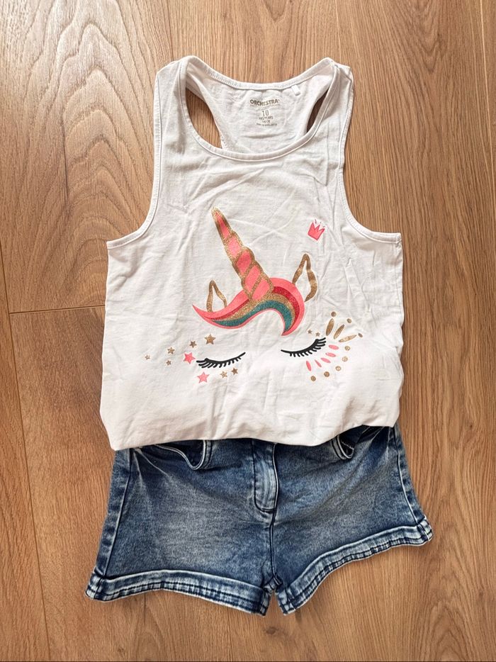 Ensemble débardeur licorne et short en jean 10 ans