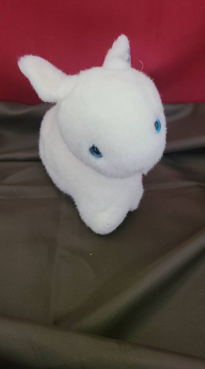 doudou lapin blanc yeux bleu motif bleu oreille hochet vintage - photo numéro 6