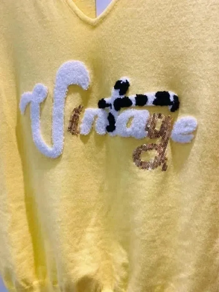 Joli pull femme jaune inscription vintage - photo numéro 2