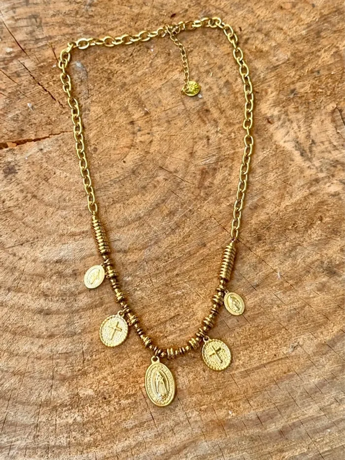 Collier chaîne épaisses perles anneaux médailles croix vierge acier inoxydable or petit créateur