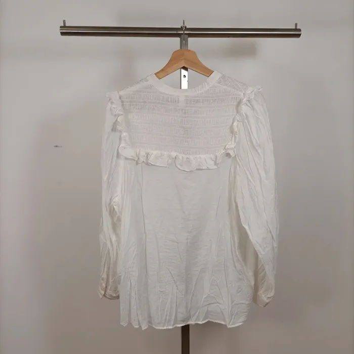 Blouse blanche à volants et smocks col rond – viscose – taille L A1010 - photo numéro 7