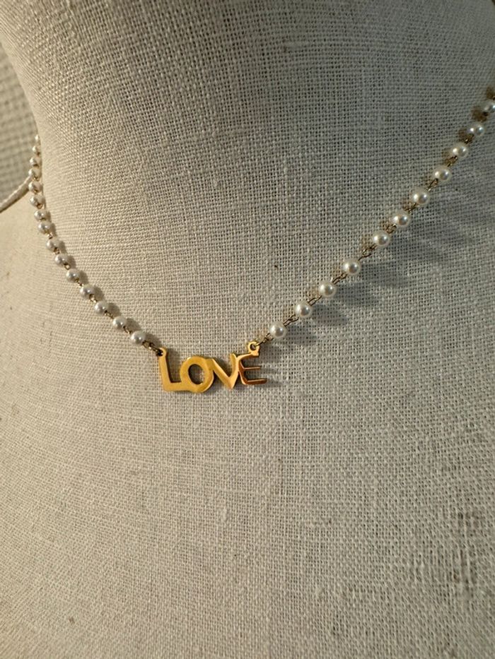 Collier acier inoxydable or et perles message Love acier inoxydable or