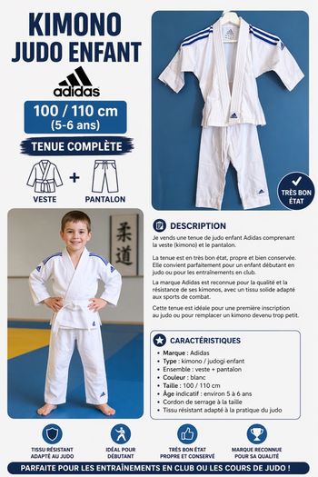 Kimono judo enfant Adidas 100 / 110 cm (5-6 ans) – tenue complète 
