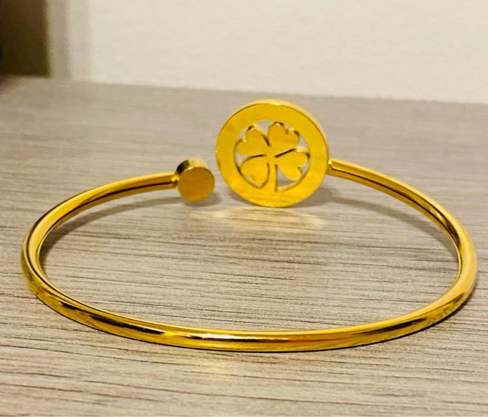 Bracelet épais jonc zirconium trèfle doré acier inoxydable - photo numéro 4