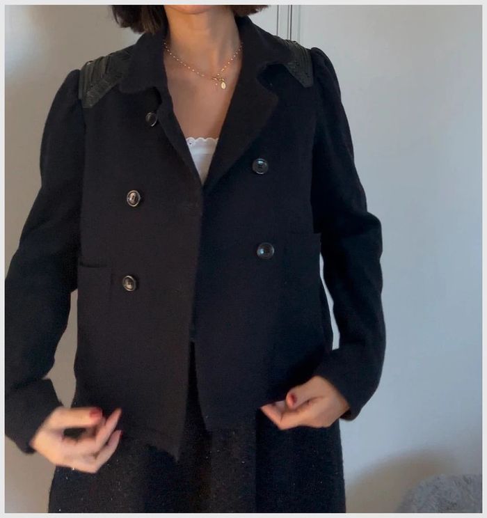 Manteau caban bleu marine laine et détails cuir - Maje - taille 38 - photo numéro 3