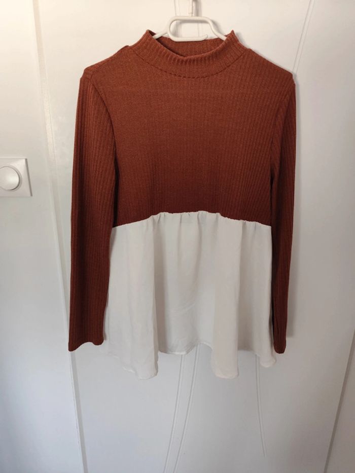 Blouse ample marron/blanc