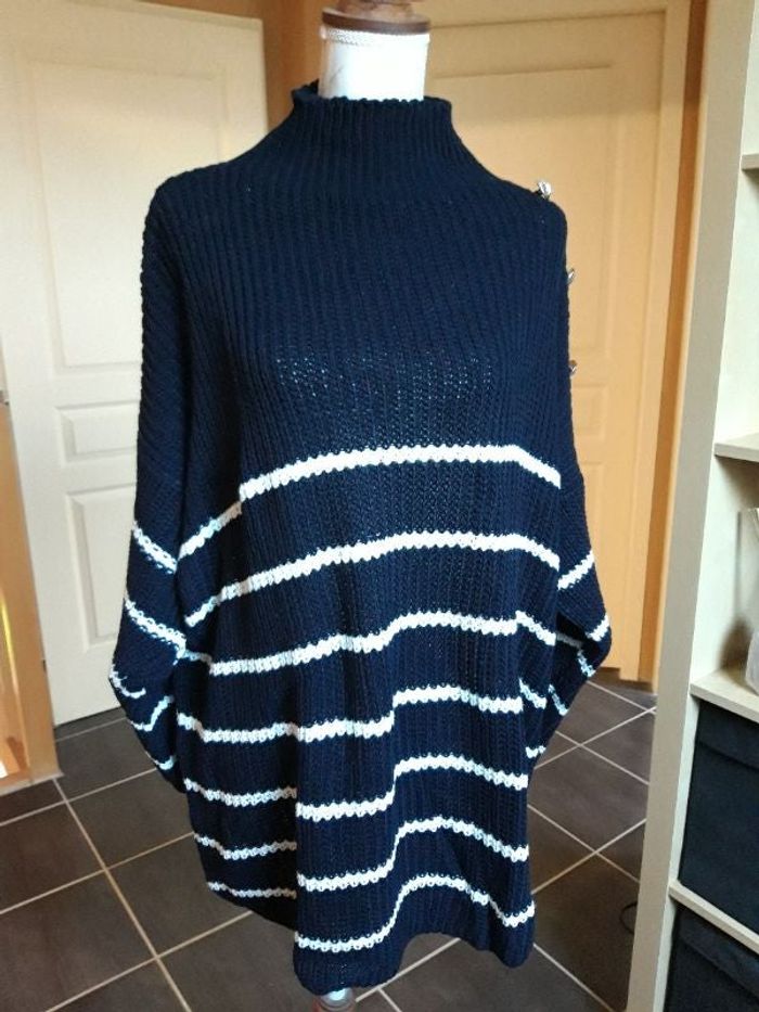 Pull marinière maille tricot marine blanc neuf grande taille