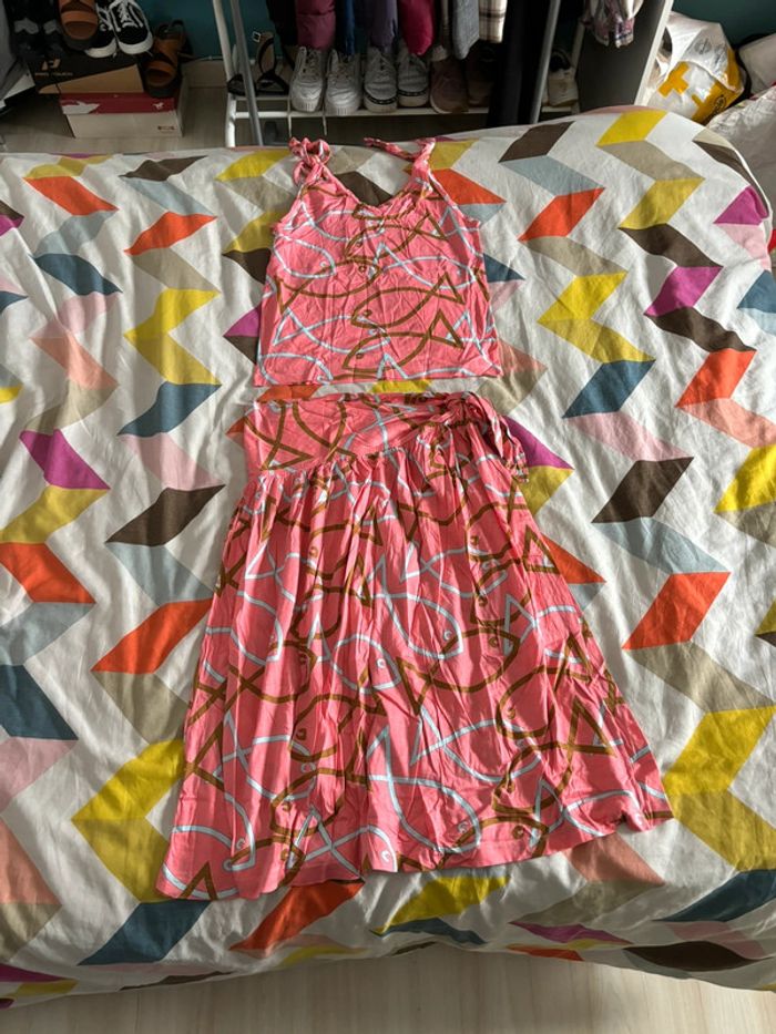 Ensemble débardeur + jupe longue vintage rose motifs poissons