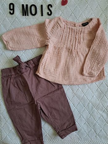 Ensemble Blouse manches longues vieux rose + pantalon violet Kiabi fille 9 mois