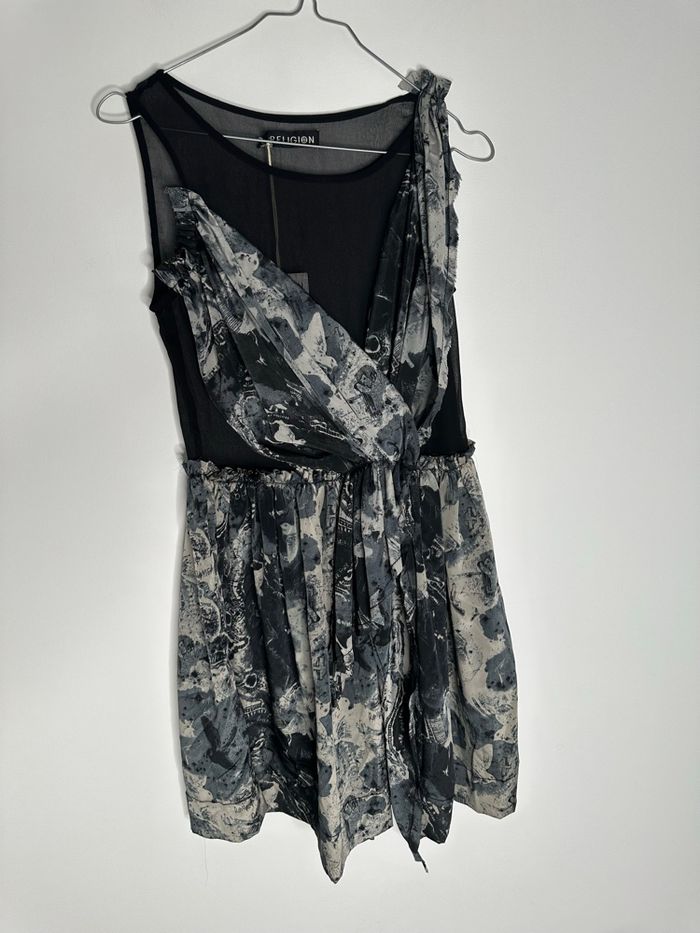 Robe bariolée noire et grise tulle mesh neuve Religion T34 XS