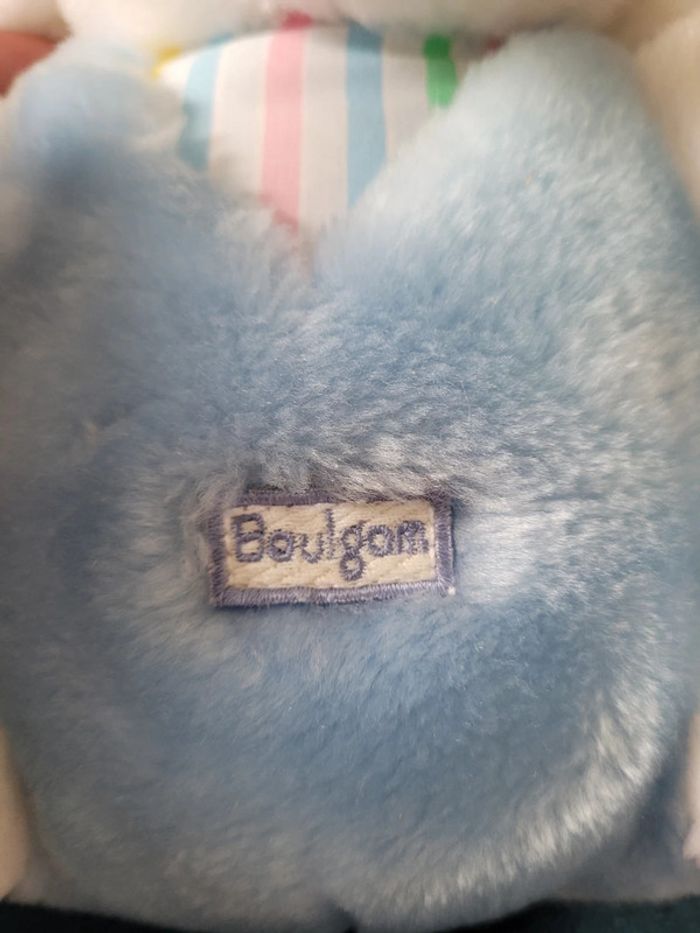 RARE Peluche Éléphant Boulgom 24cm bleu blanc multicolore trompe doudou Made in France collection - photo numéro 3
