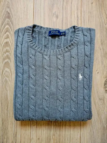 Pull Ralph Lauren torsadé cable knit twisted col gris blanc L femme