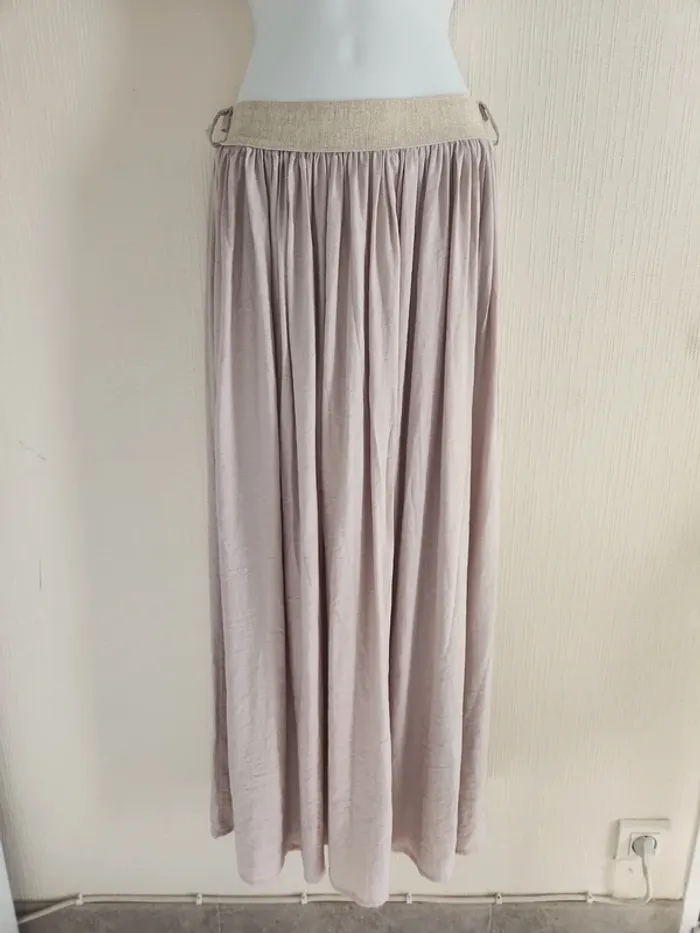Jupe longue beige ceinture élastique doré neuve