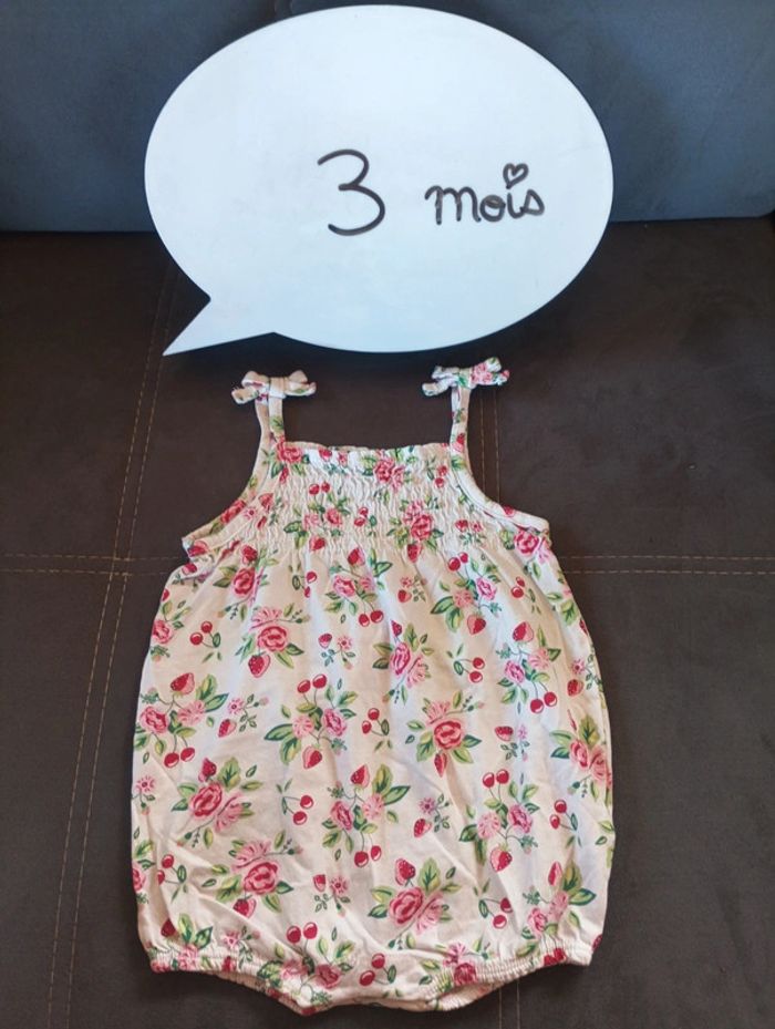 Barboteuse combishort combinaison été léger avec bretelles Fille 3 mois Fleurs Sergent major