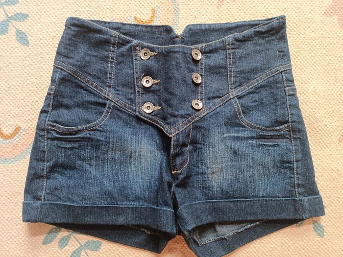 Short bleu jean court taille haute 36