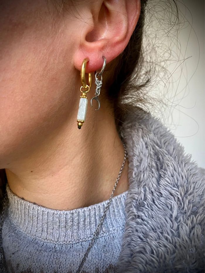 Boucles d’oreilles petites créoles acier inoxydable et macramé pierre Amazonite - photo numéro 5