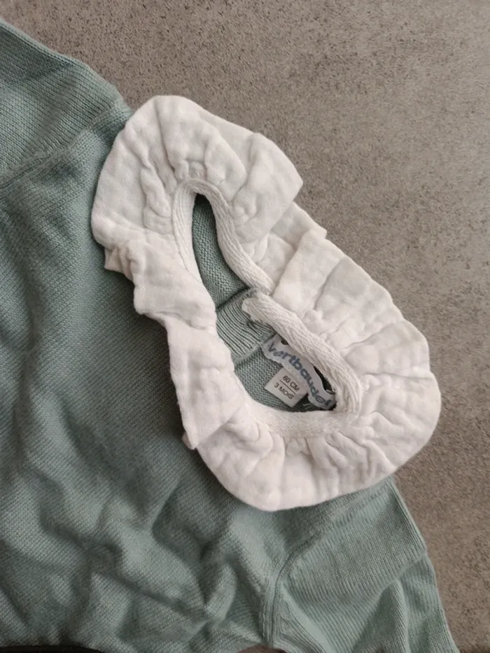 Pull manches longues col blanc Vertbaudet 3 mois 60cm vert - photo numéro 3