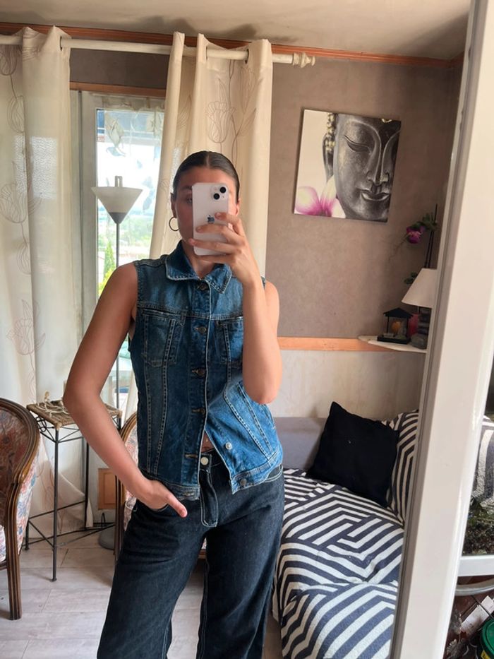 Top Jean veste y2k sans manches bohème champêtre country western Santiags denim - photo numéro 2