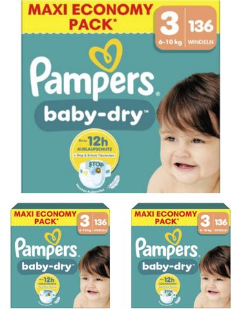 Lot de 3 cartons couches Pampers taille 3 Baby dry soit 336 couches
