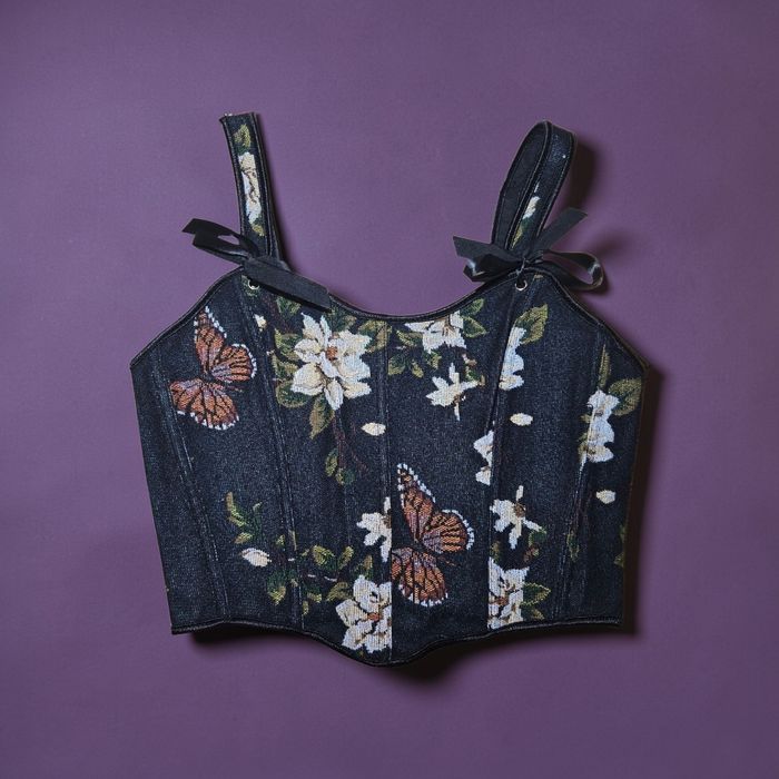 Corset à motifs fleurs et papillons côtelé lacets à l'arrière - photo numéro 1