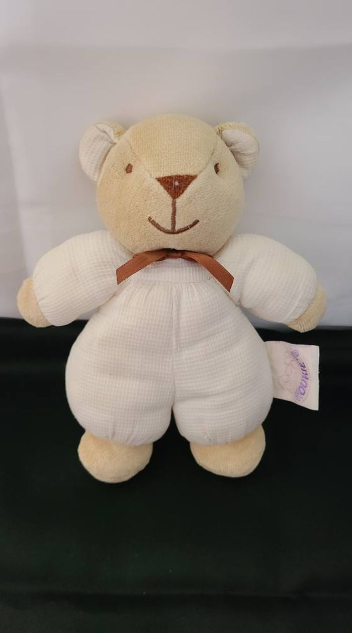 Doudou ours beige blanc noeud marron NOUKIE'S - photo numéro 4
