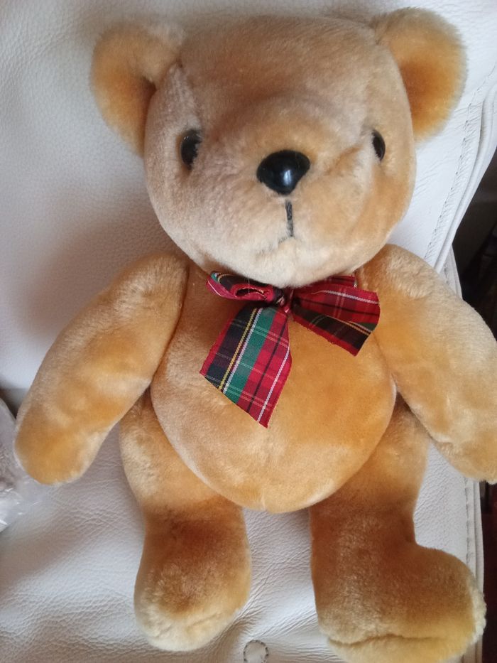 Peluche ours Boulgom marron clair Vintage  ancien doudou noeud écossais au cou yeux durs nez noir d'occasion INTROUVABLE - photo numéro 5