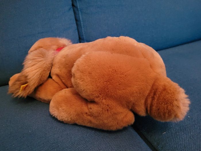 RARE Peluche ancienne Chien couché collier Steiff doudou brun marron langue collection 40cm - photo numéro 6
