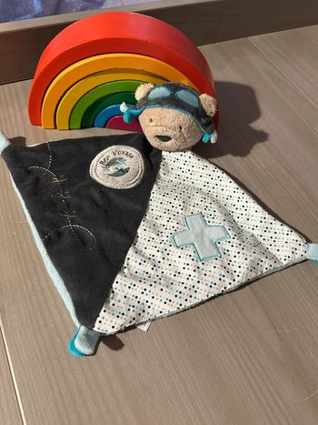 Doudou plat ours aviateur bleu noir pois santhon