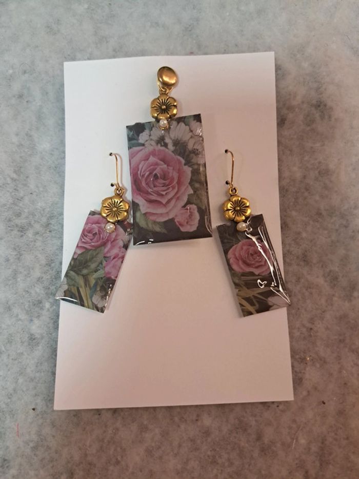 Boucles d'oreilles pendante avec pendentif en résine florale - photo numéro 6