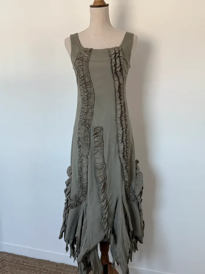 Robe longue kaki femme bretelles été volant L33 coton zip midi woman donna mujer S M