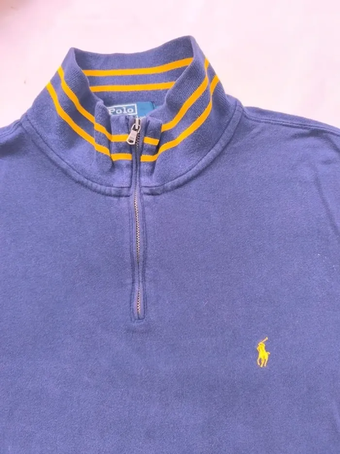 Pull homme 1/4 zippé Ralph Lauren taille XL Bleu avec col rayé jaune - photo numéro 4