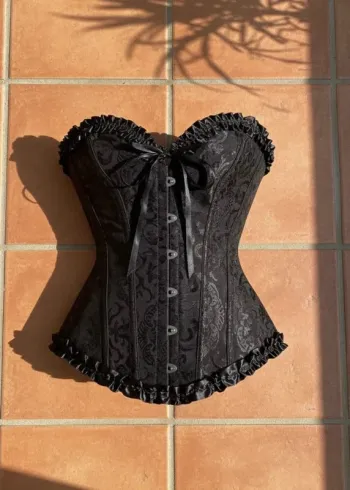 Corset noir satin brocart, taille S, chic rétro élégant soirée