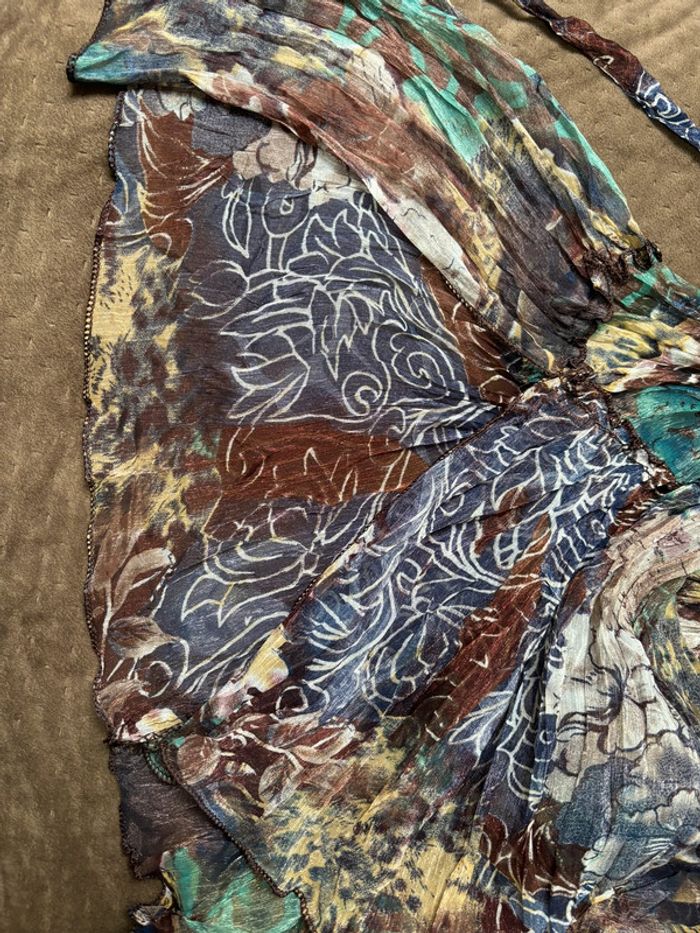 Belle blouse tunique transparente en soie imprimé floral tons verts et bleus M/38 - photo numéro 10