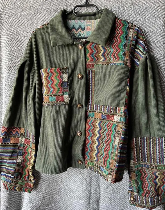 Veste Femme Vert Kaki Velours Côtelé Motifs Ethniques - Taille S Neuve Mi-Saison Bohème - photo numéro 2
