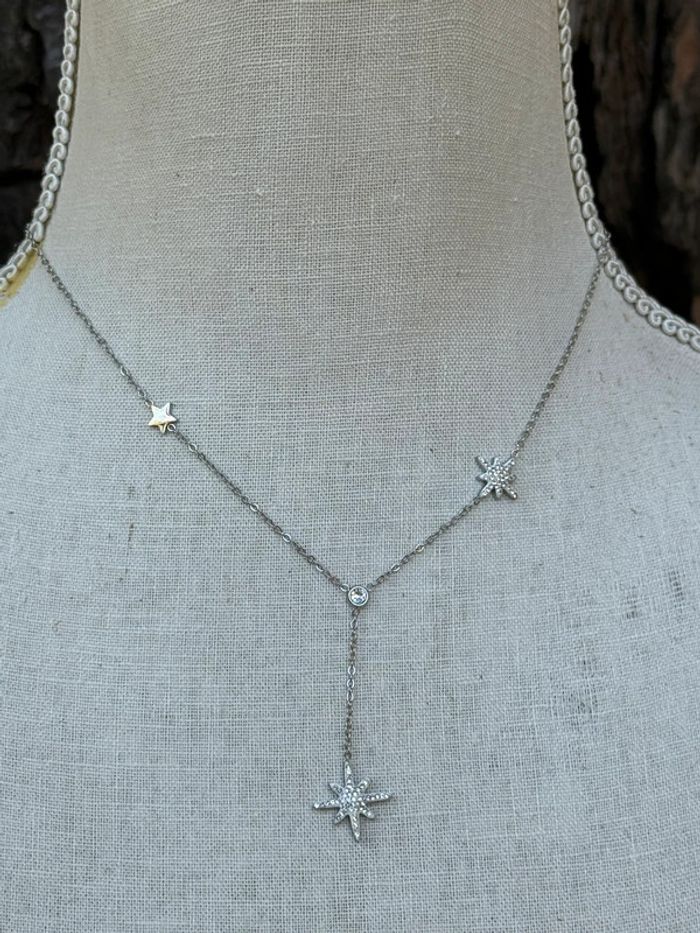 Collier V réglable acier inoxydable argent croix étoile cristaux - photo numéro 3