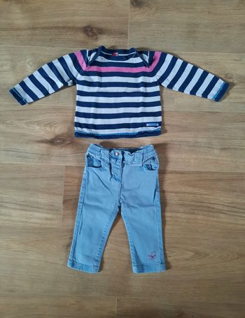 Ensemble pantalon en jean bleu ciel et pull marinière Orchestra 12 mois
